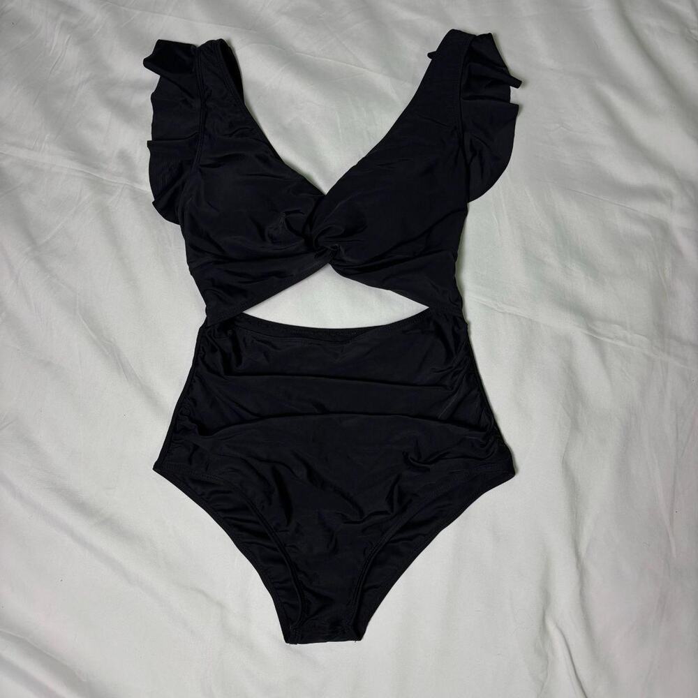Black Ruffle Cutout One Piece Swimsuit - Twist Front High Waisted Bathing Suit M